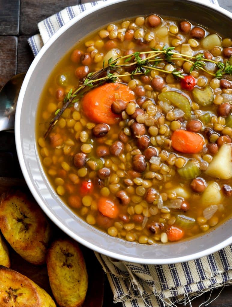 Lentil and Pigeon Pea Soup with Broiled Plantains- Alica's Pepperpot