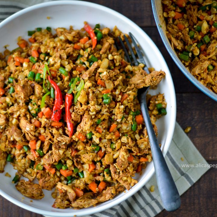 Cauliflower fried rice recipe. Easy recipe. Can be customized with different proteins.