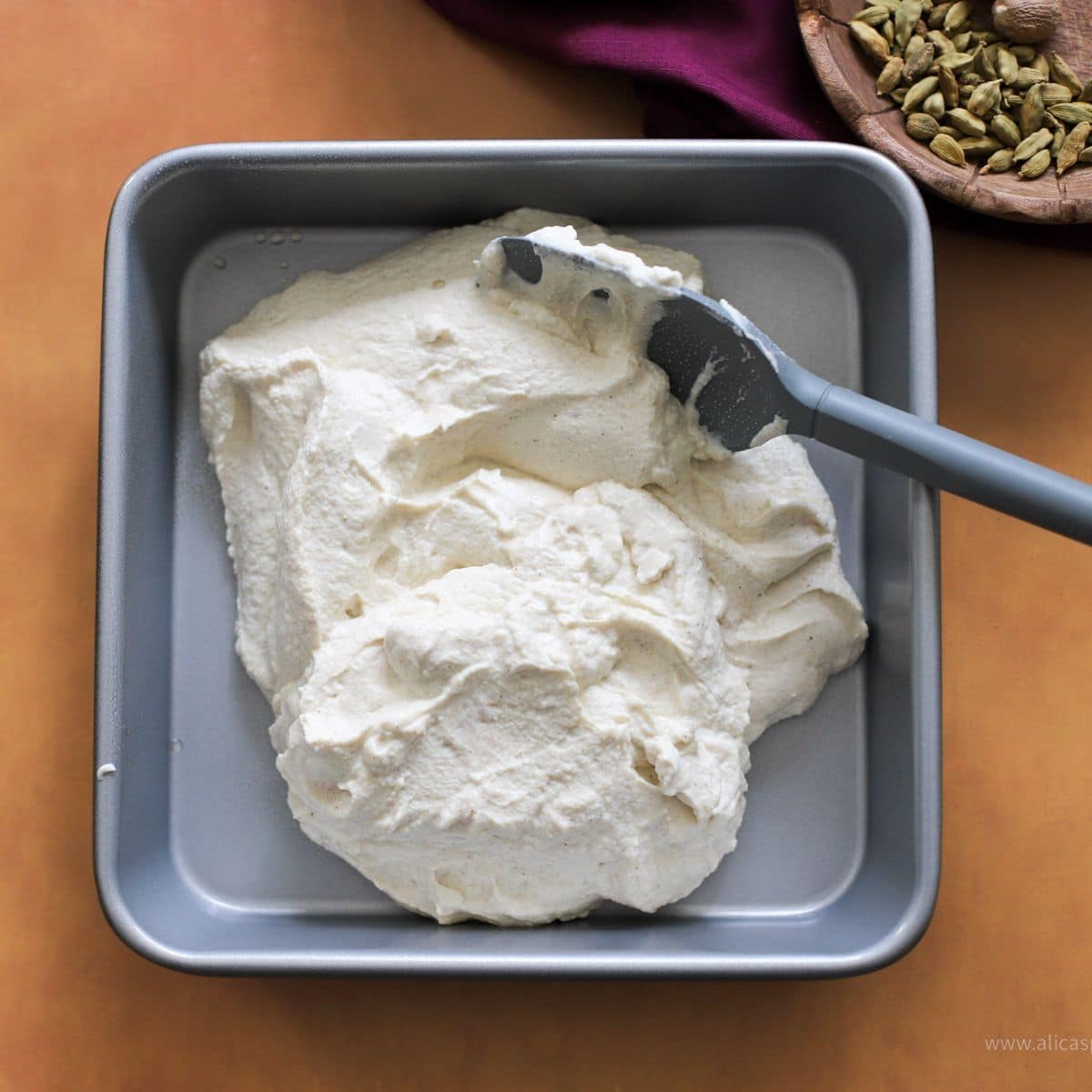 Rasmala cheese mixture in 9x9 inch pan