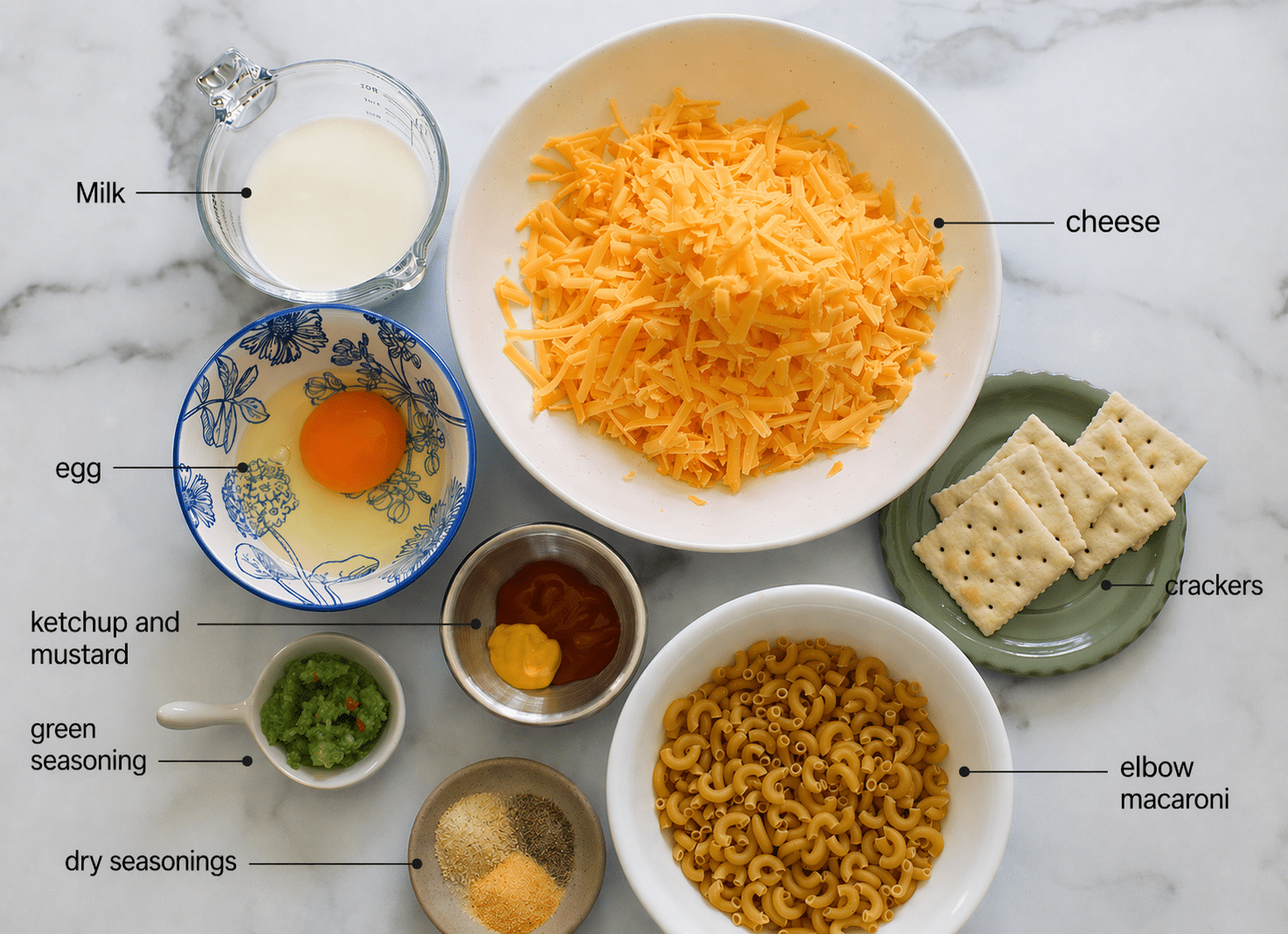 Ingredients image for macaroni pie which shows shreeded cheese in a white bowl, unsalted crackers in a green plate, elbow macaroni dry seasonings, green seasoning, mustard and ketchup, egg, milk